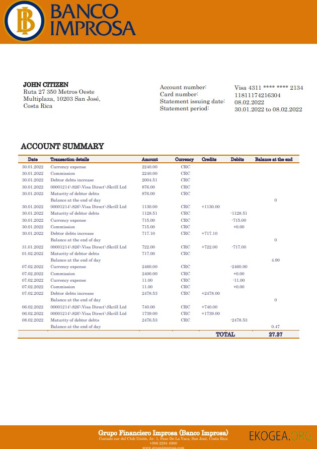 Relevé bancaire de la Banco Improsa du Costa Rica